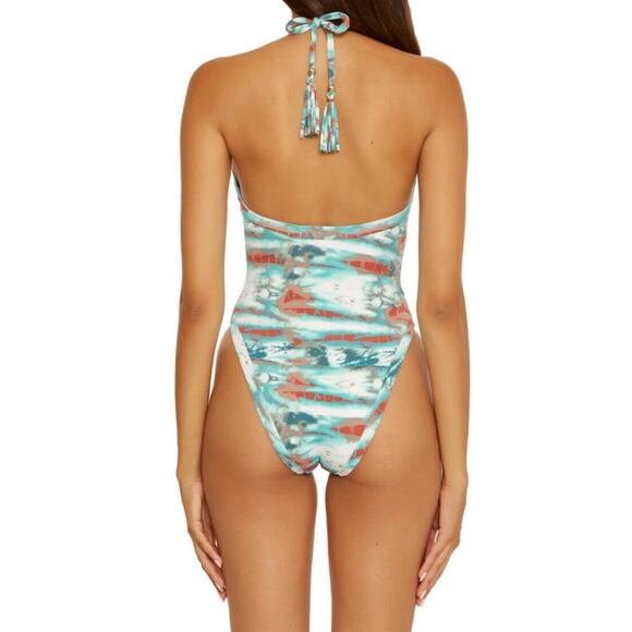 Isabella Rose Tie Dye High Leg Halter One Piece Swimsuit Turquoise Large NWT - Picture 5 of 12